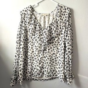 Anne Taylor Loft V Neck Ruffle Blouse Cheetah Print